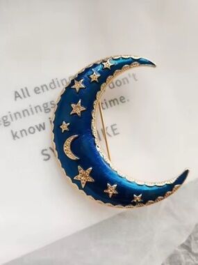 Blue Crescent Moon Brooch Saturn Stars Midnight Celestial Enamel